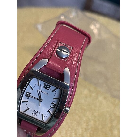 Fossil Women Watch Stainless Steel Pink Wide Leather Nylon Date White (Needs Bat - Picture 3 of 10